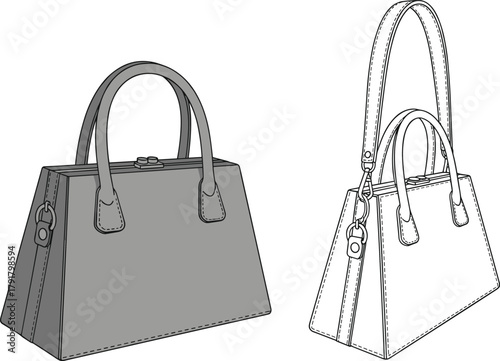 Modern trapezoid leather handbag with dual handles and detachable strap, shown in color and outline, elegant fashion design illustration