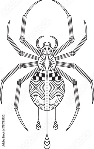 Intricate black and white line art of a stylized spider with a patterned abdomen featuring spirals checkers and dangling teardrop ornaments.