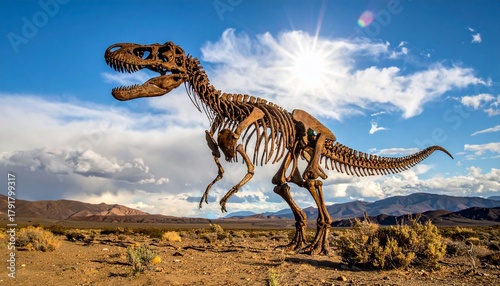 Fototapeta Naklejka Na Ścianę i Meble -  Tyrannosaurus Rex Skeleton Stands Under a Sunny Sky in the Desert.