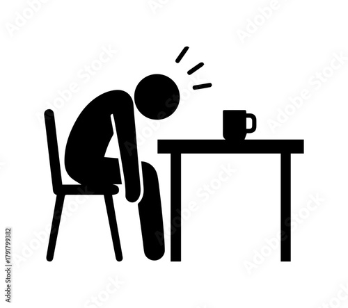 Stickman slumped at a desk with a cup, showing fatigue, burnout, or work exhaustion. Represents overwork, long hours, and lack of motivation.