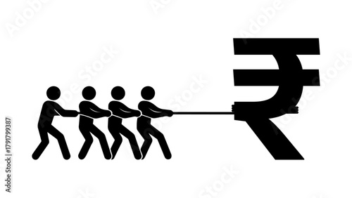 Group of stickmen pulling a large rupee symbol in a tug-of-war style. Represents teamwork, financial struggle, goals, and economic effort.