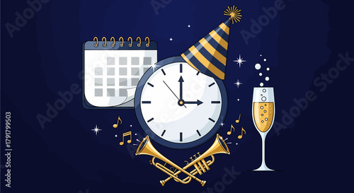 New Year's Eve celebration concept with a clock wearing a party hat, a calendar, and a glass of champagne.