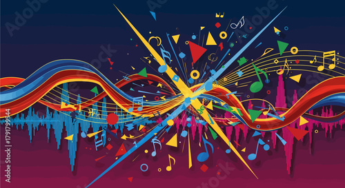 Abstract digital illustration of colorful sound waves, musical notes, and geometric shapes.