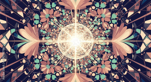 Kaleidoscopic floral pattern with a bright central light source, creating a mesmerizing and symmetrical design.