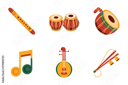 Flat vector icons for performance, featuring drum, flute, string instrument, representing folk music and traditional instruments,