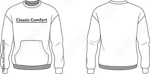 Front and back view of white sweatshirt with grey collar and cuffs, kangaroo pocket, casual fashion apparel mockup for branding