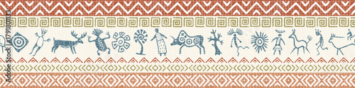 Ethnic seamless border on the theme of rock paintings, petroglyphs and geometric pattern, vector design, banner