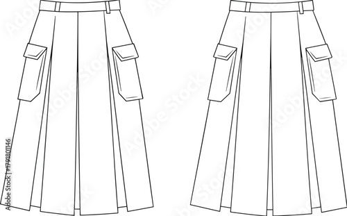 High waist pleated long skirt fashion sketch with flap pockets, technical drawing for garment design, apparel template vector illustration