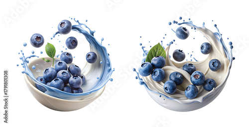 Blueberry Yogurt Splash Symphony: Blueberry yogurt splashing in artistic curves with fresh blueberries suspended mid-air, PNG style.