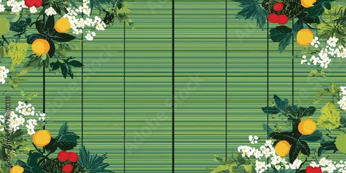 초록색 대나무 발 배경에 매달린 과일과 꽃이 있는 동양적인 테두리 디자인