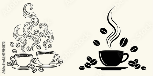 Coffee cup designs with steam and coffee beans, perfect for cafes and restaurant branding