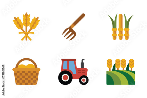 Flat vector icons for farming, featuring wheat, tractor, basket, representing harvest, agriculture, and rural life,