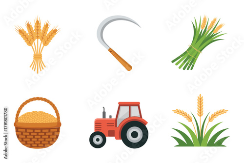 Flat color icons for harvest, illustrating wheat, tractor, sickle, representing agriculture tools and farming work,