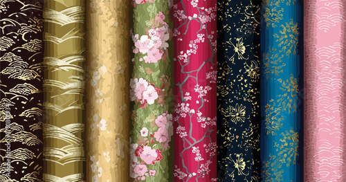 다양한 패턴과 색상의 직물이 롤 형태로 쌓여 있는 모습으로, 전통적인 디자인과 현대적인 감각이 조화를 이룹니다.