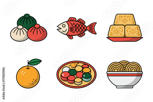 Detailed flat vector icons for oriental cuisine, showing dumplings, fish, noodles, representing traditional food and dishes,