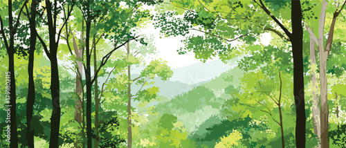 싱그러운 녹음이 우거진 숲의 풍경, 햇살이 나뭇잎 사이로 스며드는 평화로운 자연