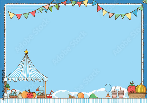 즐거운 축제 분위기의 파란색 배경, 다채로운 깃발과 귀여운 일러스트 요소들이 가득한 디자인