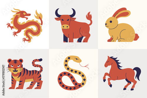 Detailed flat vector icons for astrology, showing dragon, tiger, ox, representing oriental animals and cultural symbolism,
