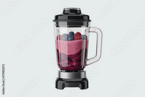 Black blender filled with a vibrant pink berry smoothie and topped with fresh blueberries and raspberries on a white background