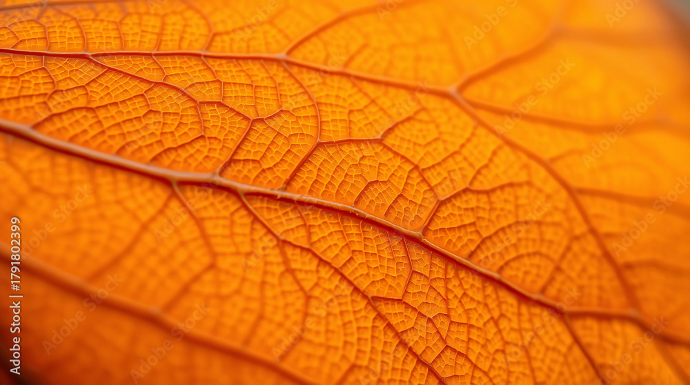 Obraz premium Bright, High-Key Macro of a Fall Leaf, Showcasing a Uniform, Intense Orange Hue and a Fine, Reticulated Network of Subtly Red Veins
