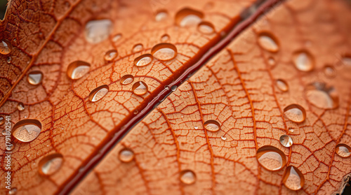 High-Definition Macro Shot of a Burnt Orange Leaf, Featuring Perfect Water Beads Aligned on the Prominent Central Midrib and Fine Vein Network