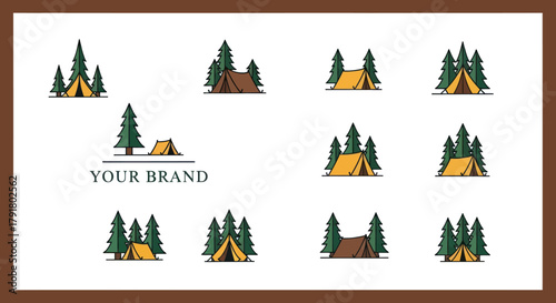 Set of camping logo templates with tents and pine trees.