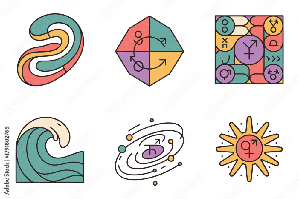 Fototapeta premium Detailed flat vector icons for diversity, showing male, female, wave, representing community, identity, and social rights,