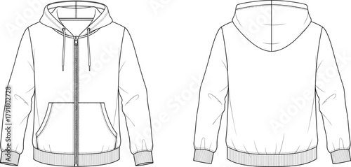 Technical flat sketch of hooded zip-up sweatshirt front and back view with kangaroo pockets, drawstring hood, ribbed cuffs