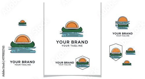 Vintage outdoor adventure logo with canoe on water at sunset.