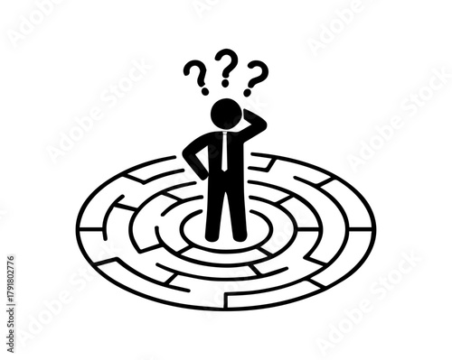Stick figure businessman lost in a circular maze with question marks above, symbolizing confusion, decision-making, career obstacles, and problem-solving.
