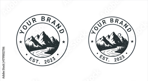 Mountain Landscape Logo Design with River and Trees in Circular Frame.
