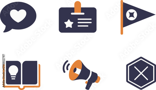 Flat vector icons for community, featuring flag, megaphone, star, representing communication, social media, and pride,