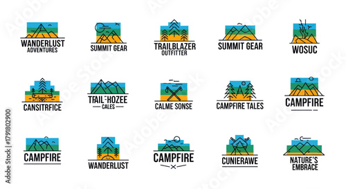 Collection of Camping and Outdoor Adventure Logos with Geometric Mountain Designs.