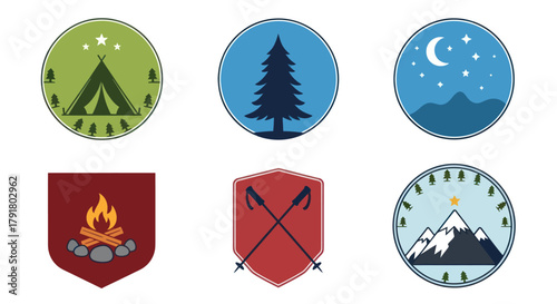 Set of six colorful outdoor adventure and camping vector icons.