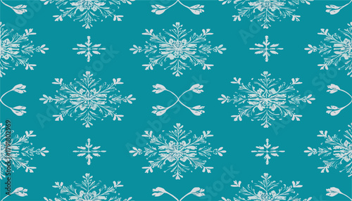 겨울 분위기를 자아내는 청록색 배경 위에 섬세하게 디자인된 흰색 눈송이와 고전적인 장식 문양이 조화롭게 반복되는 아름다운 벡터 패턴 디자인입니다.