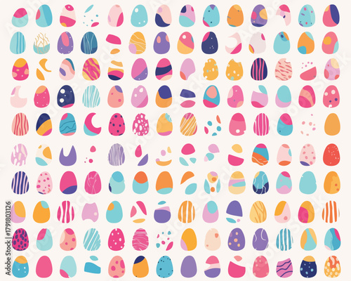 다양한 색상과 독특한 추상 패턴으로 화려하게 장식된 수많은 부활절 달걀 벡터 일러스트레이션 컬렉션으로, 봄의 활기찬 축제 분위기를 표현하며 디자인 프로젝트에 활용하기 좋은 그래픽 리소스입니다.