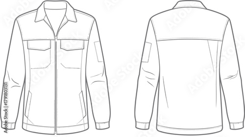 Technical flat sketch of men’s utility jacket front and back view with pockets, collar, sleeve patch, and seam details