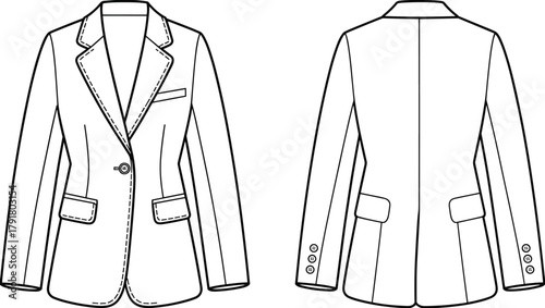 Technical flat sketch of tailored blazer front and back view with notched lapel, flap pockets, sleeve buttons, and curved hem