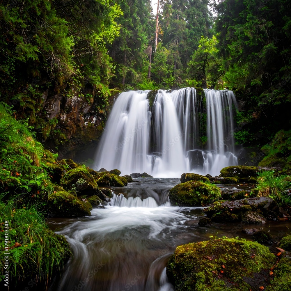 Fototapeta premium A scenic waterfall cascades through lush green vegetation and mossy rocks, creating a tranquil and picturesque natural scene