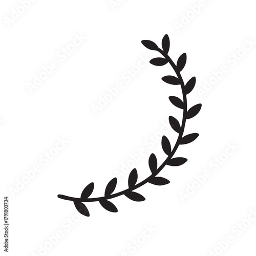 A simple black and white illustration of a leafy branch curving gracefully