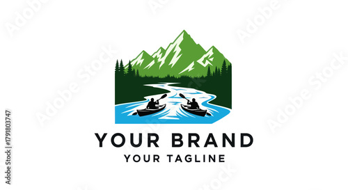 Two people kayaking on a river with mountains and trees in the background.