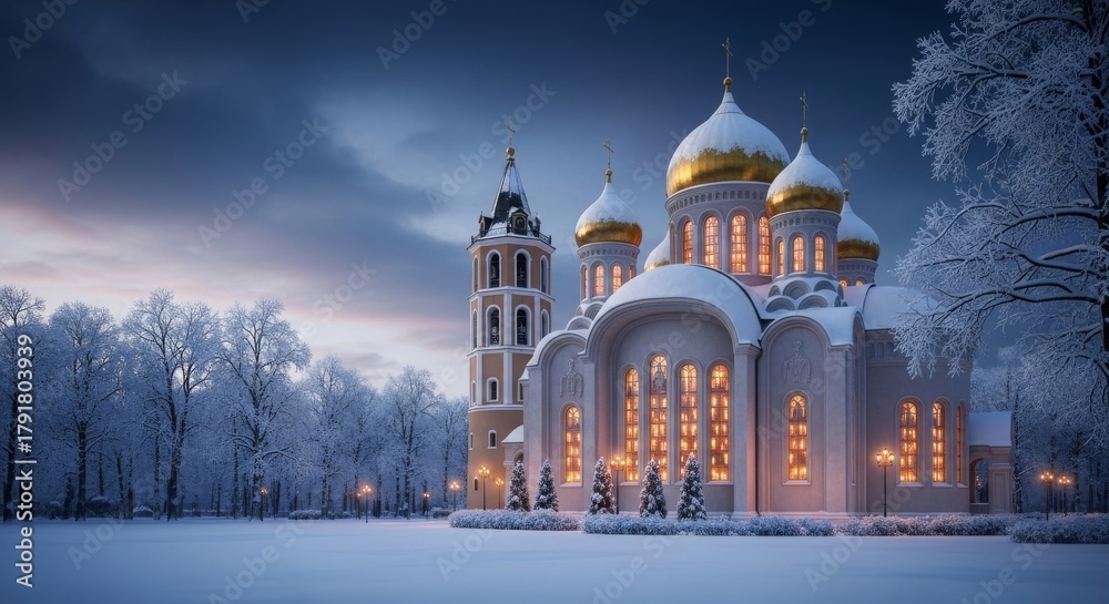 Obraz premium Lithuanian Orthodox cathedral, snow-covered spires and candle-lit icons