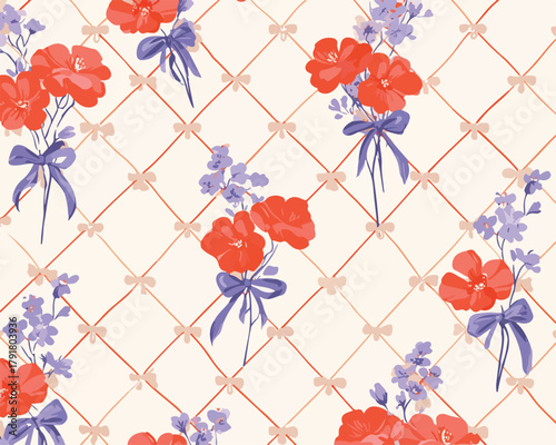 빨간색과 보라색 꽃다발이 리본으로 묶인 격자무늬 배경에 반복되는 패턴 디자인