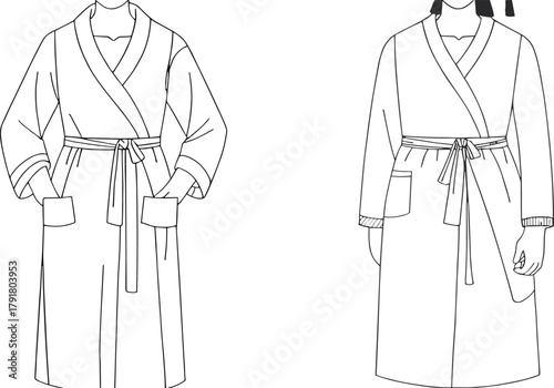 Technical vector illustration of bathrobe front view with shawl collar, belt, patch pockets, garment sketch for fashion design template.