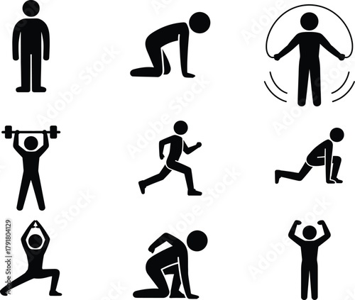 Set of black stick figure icons illustrating diverse fitness activities and exercises, including running, weightlifting, and yoga poses