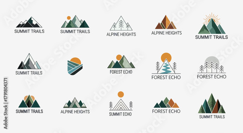 A diverse collection of modern mountain and nature logo templates.