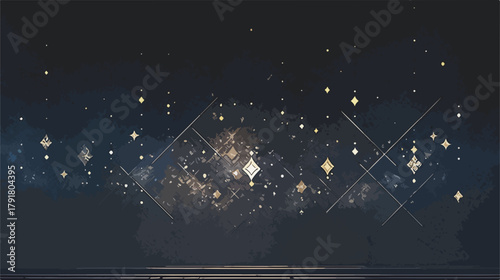 반짝이는 황금빛 별과 기하학적 패턴이 어우러진 추상적인 배경
