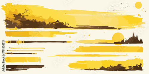 동양적인 수채화 스타일의 풍경과 추상적인 노란색 브러시 스트로크가 조화로운 벡터 아트
