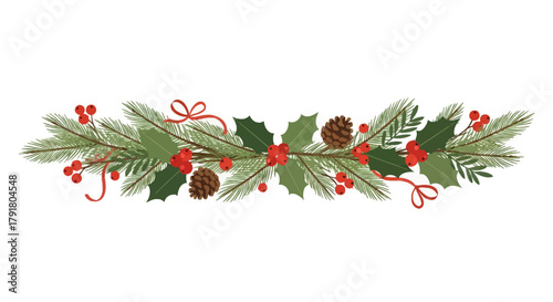 Festive evergreen garland with holly berries and pinecones, perfect for holiday greetings and winter celebrations, adding a touch of charm