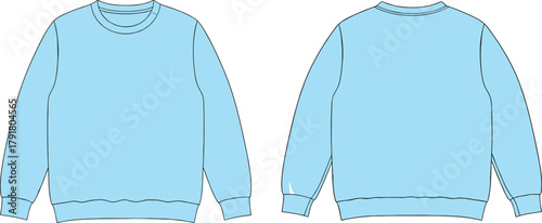 Light blue crewneck sweatshirt front and back view, ribbed cuffs, waistband, neckline, casual fashion mockup, vector clothing design, minimalist apparel illustration